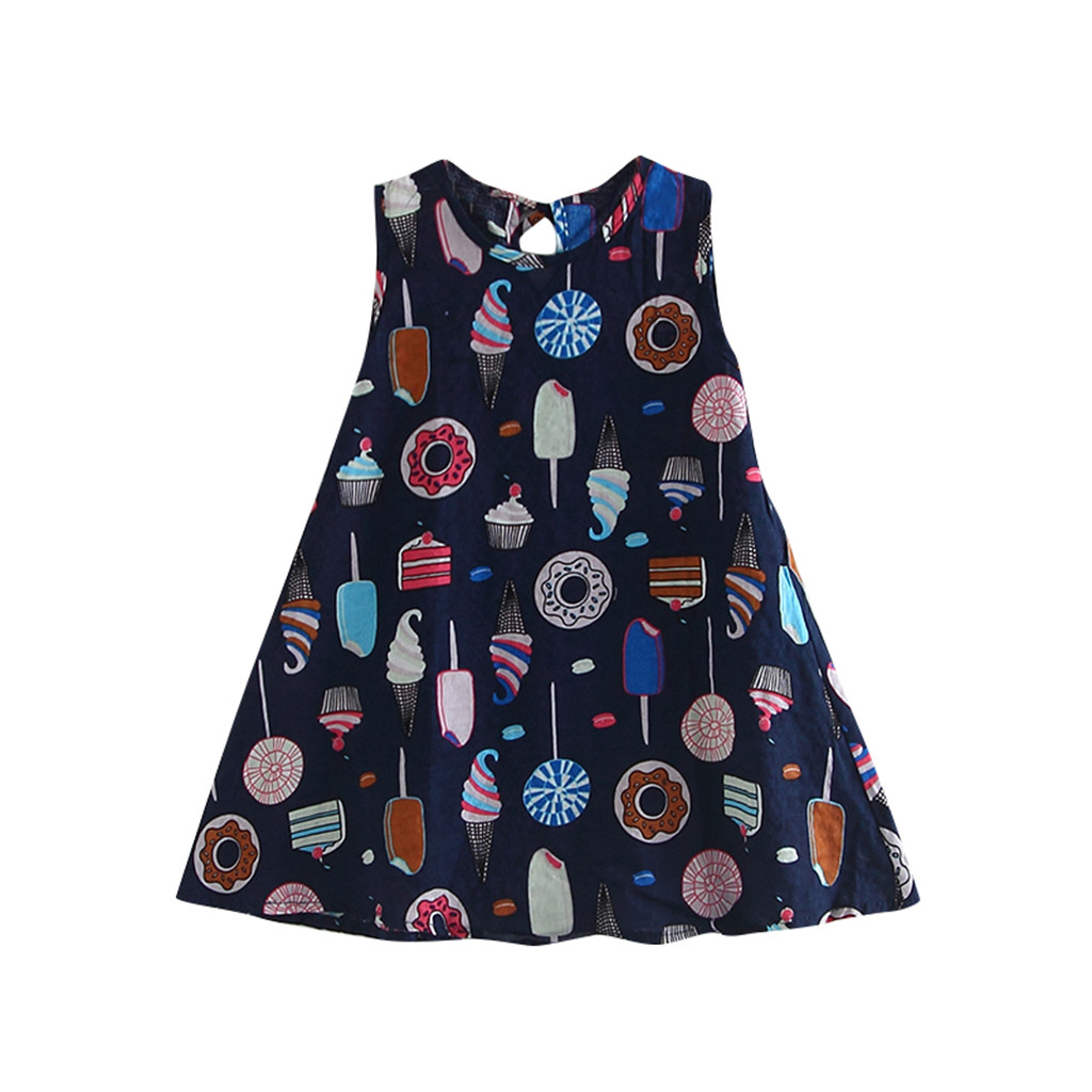 JSCDRPDWL Girls Dresses Toddler Baby Kids Girls Sleeveless Ice Cream Cake Print Dresses Casual Clothes Baby Clothes for Girls Navy 12-18 Months
